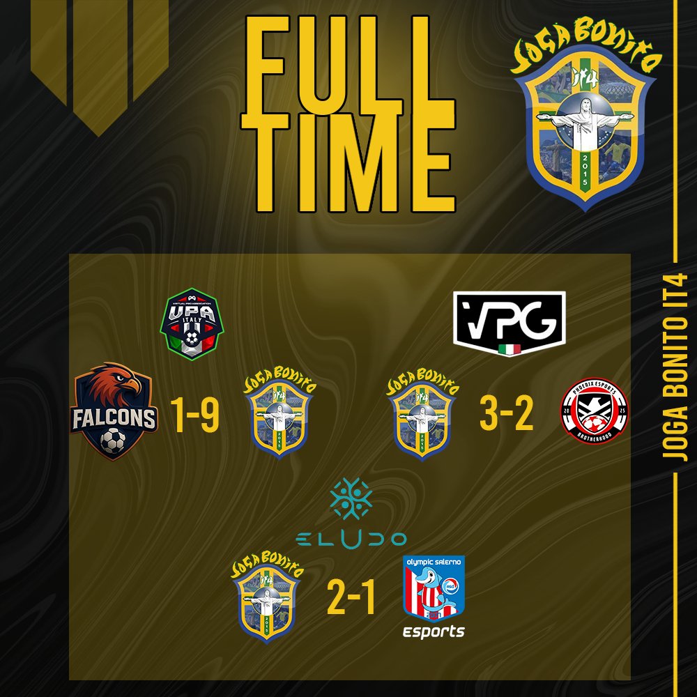⏱️| FULL TIME

🆚| <a href="/FalconsProClub/">Falcons</a> ✅1-9
🆚| <a href="/Ph0enix_eSport/">Phoenix eSports</a> ✅3-2
🆚| <a href="/OlympicSaEsp/">Olympic Salerno eSports</a> ✅2-1

⚽️| <a href="/IT4_Mbappe_10/">IT4_Mbappe</a>
⚽️⚽️⚽️⚽️⚽️⚽️⚽️👟| #IT4_Cassano
👟👟👟👟👟👟| <a href="/Ita_F_Totti10/">IT4_TOTTI🔟</a>
⚽️⚽️⚽️🏅| <a href="/IT4_Valverde/">IT4_Valverde</a> 
⚽️⚽️⚽️👟👟| <a href="/IT4_Hakimi/">IT4_Hakimi🇮🇹🇲🇦</a> 
👟| <a href="/xPessiano/">xPessiano</a> 
🏅🏅| <a href="/IT4_VanDijk4/">IT4_VanDijk4</a>