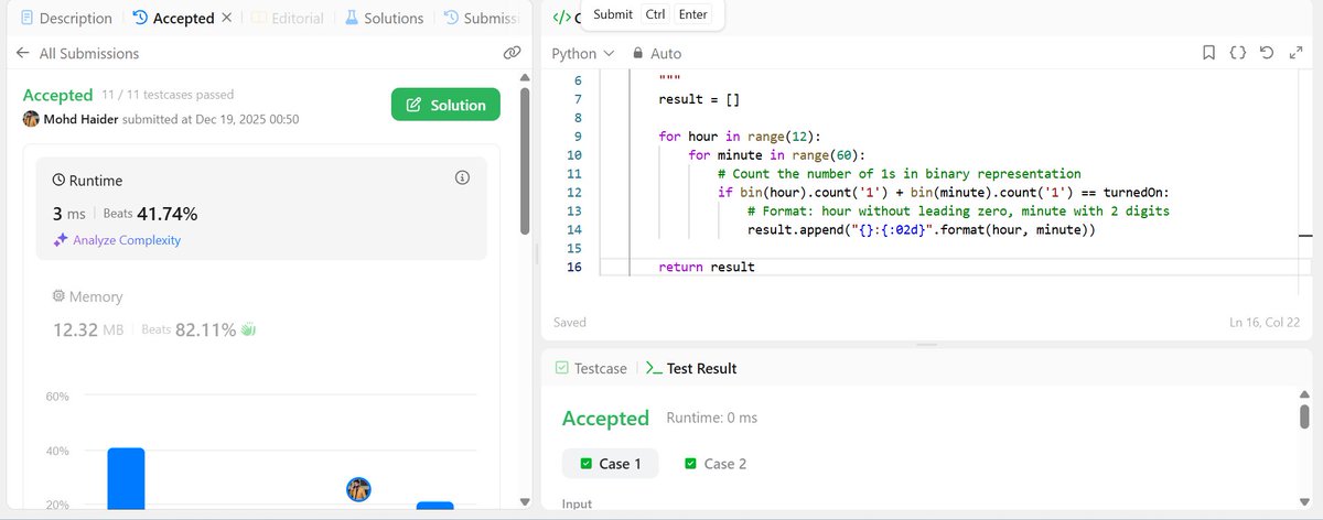 MohdHaider9603's tweet image. Day 73/100 – #100DaysOfCode 🚀

Solved Binary Watch (LeetCode 401)

✔ Try all hour (0–11) &amp;amp; minute (0–59) combos
✔ Match total set bits with turnedOn
✔ Validate and format time
TC: O(1)
#Java #LeetCode #BitManipulation #Backtracking