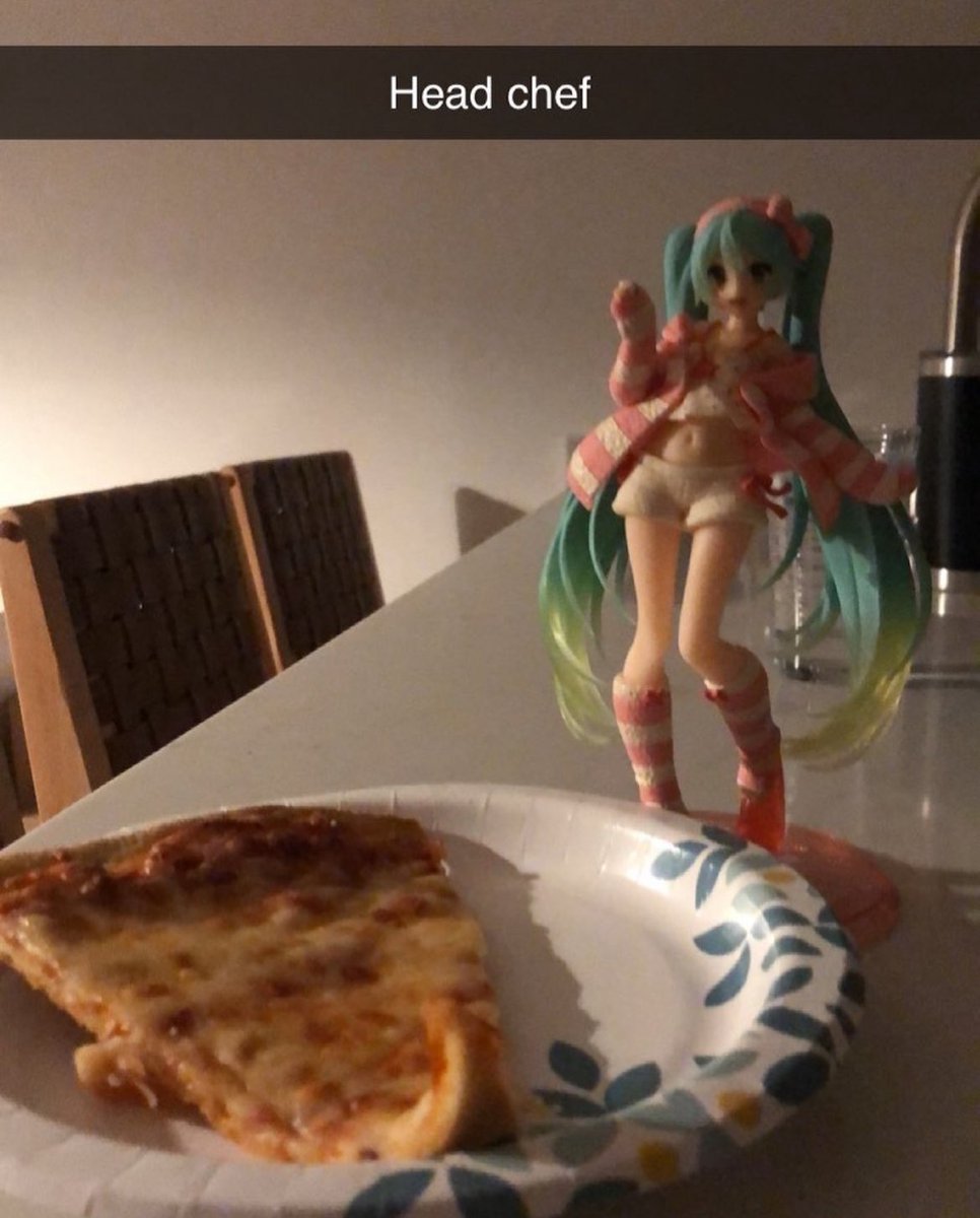 a_freaking_name's tweet photo. It still blows my mind this picture I took of a miku figure standing in front of a piece of pizza started a trend of people posting shit like this (second pic is a random person btw) https://t.co/77m7ZeXWiP