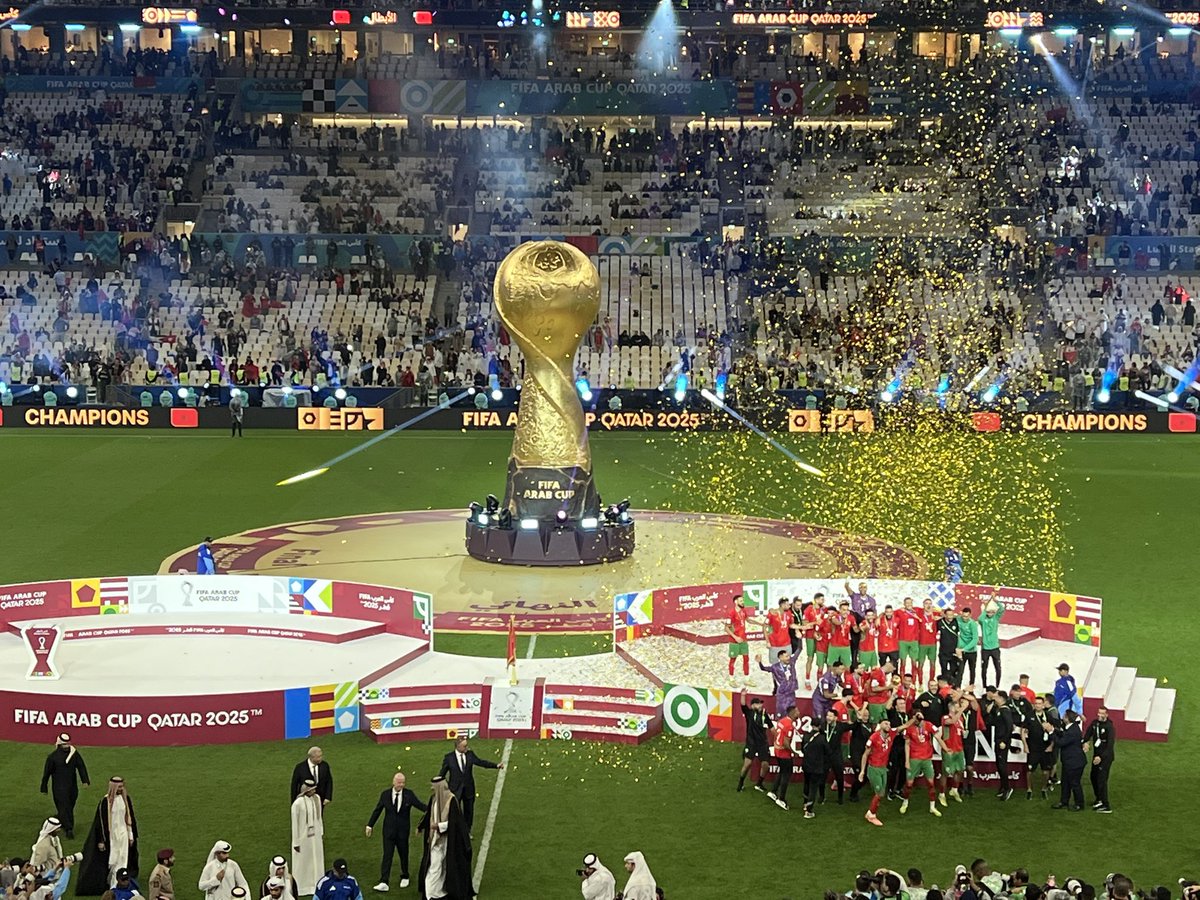 fatma_samoura's tweet photo. Delighted to have been among the 84,000+ fans at the nail-biting final of the #FIFAArabCup Qatar 2025 🇶🇦⚽️
Congratulations to Morocco on a well-deserved victory 🇲🇦🏆 and kudos to Jordan for their fighting spirit throughout 120 minutes 🇯🇴👏
Football at its best. https://t.co/DJaaIBmRsW