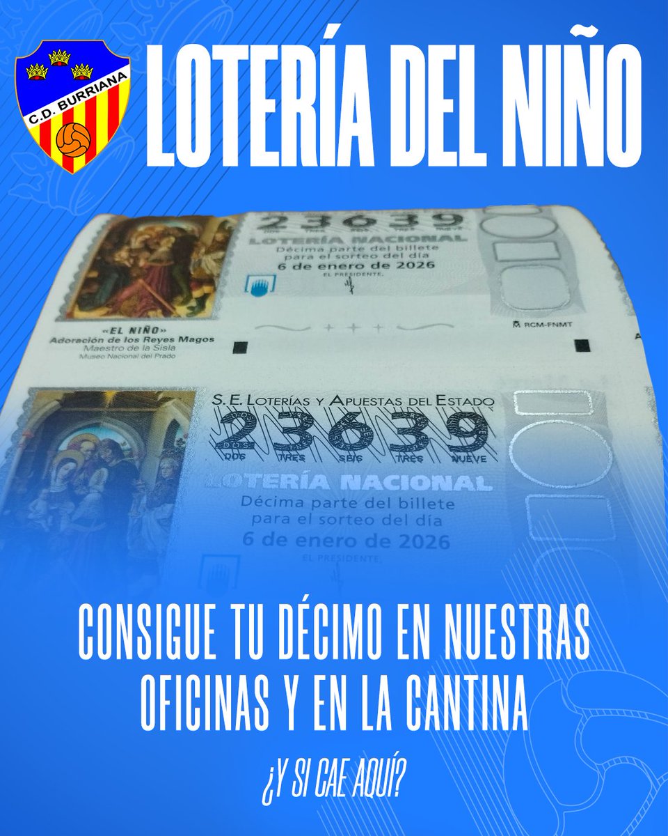 Ya puedes ser tuyos nuestros décimos de 𝗟𝗢𝗧𝗘𝗥𝗜́𝗔 𝗗𝗘𝗟 𝗡𝗜𝗡̃𝗢. 🎟️👶

📍Cantina y Oficinas
🙋🏻‍♂️¡Corre a por ellos, que vuelan!

#ElBurrianaEsFaSentir