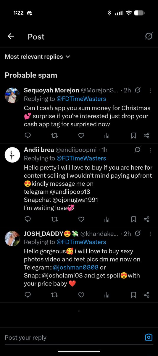 FDTimeWasters's tweet image. All of these are blatant scams. If they tell you to go to telegram it's a scam.
@MorejonSeq20399 
@andiipoopmi