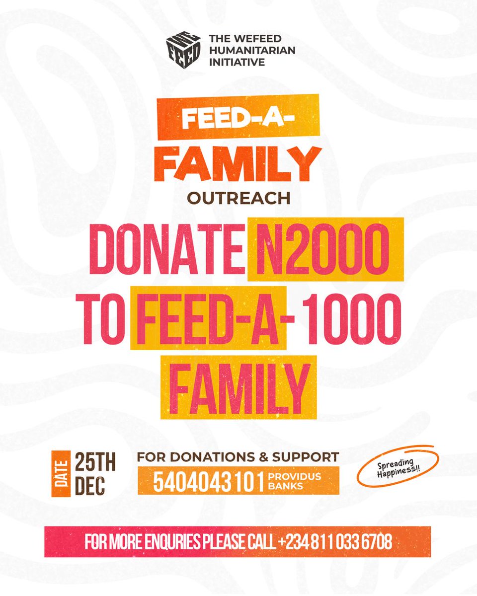 Uwaks_'s tweet photo. Wefeed Feed-A-Family 2026 is hereeeeee π
So, I need 100 people to donate just 2k to this cause ππ½ Feel free to donate more if you want to π
#Christmas #wefeed #family https://t.co/QVRJgnEFDx