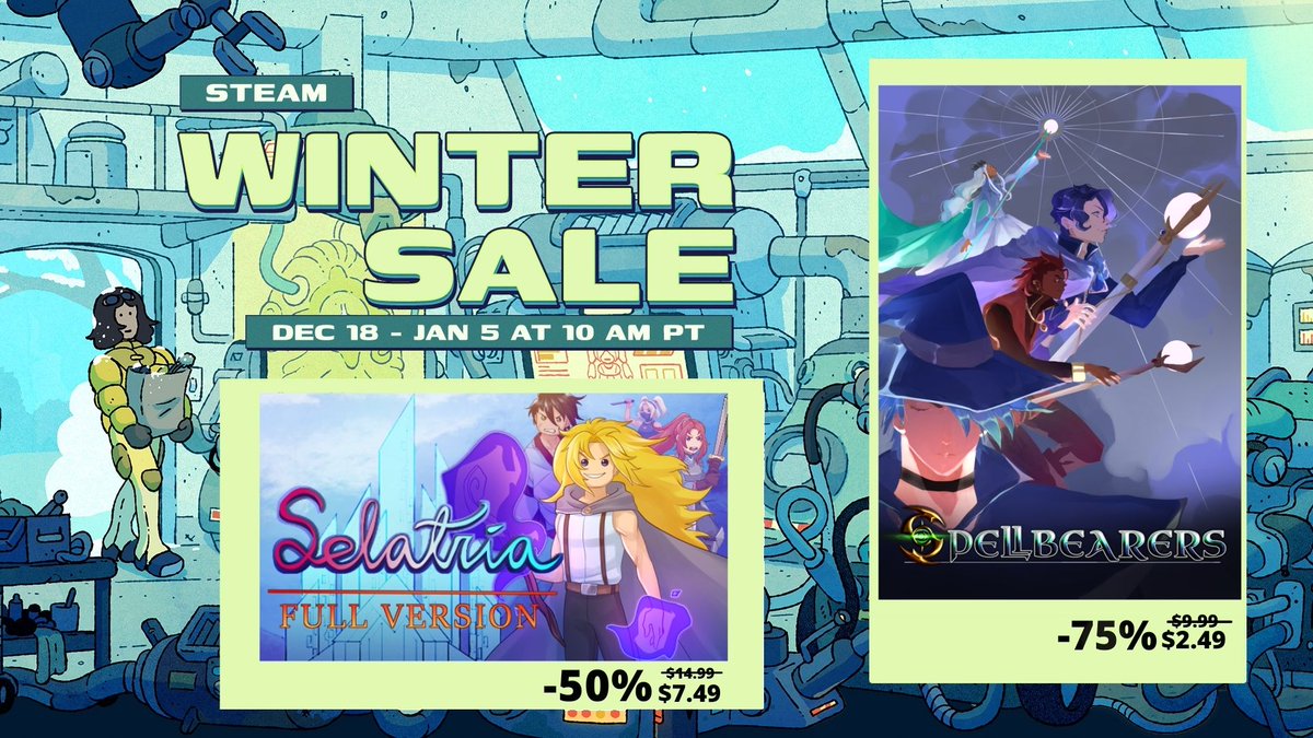 whimindie's tweet photo. It's time for the Steam Winter Sale! 

Starting today, you can get Selatria for 50% off, and Spellbearers for 75% off! 

Sale ends January 5th.

#Steam #Steamsale #Indiegame #Indiegamedev https://t.co/KjfkiOJVQm
