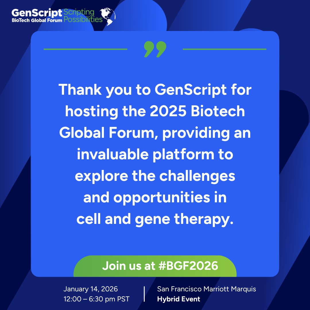 GenScript's tweet image. Building in cell and gene therapy means you need more than headlines. We’re bringing back for #BGF2026 during #JPM week.

Register to attend in person or virtually: …-global-biotech-forum.cventevents.com/qWVK4y?rt=mNTw…

#GenScriptBiotechGlobalForum #ScriptingPossibilities #Biotech #AI