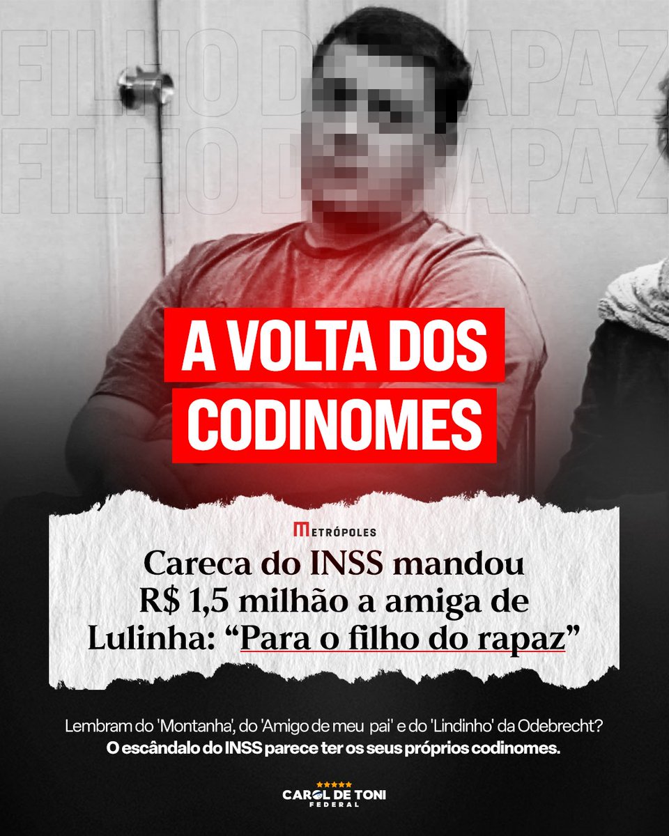 🚨 BOMBA 🚨

Segundo o Metrópoles, a Polícia Federal encontrou no celular de uma amiga de Lulinha uma mensagem pra lá de comprometedora. O “Careca do INSS” teria enviado R$ 1,5 milhão com um recado direto e sem rodeios: “para o filho do rapaz”.

Filho de quem? Pois é.

O filme é
