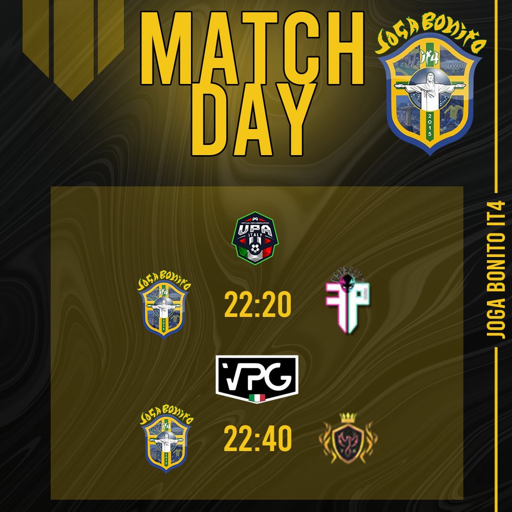 🏟️| MATCHDAY

🏆| <a href="/VPA_Italy/">VPA Italy</a>
🆚| <a href="/FatalityProClub/">Fatality Project</a> 22:20

-

🏆| <a href="/VPGItaly/">Virtual Pro Gaming Italy 🇮🇹</a>
🆚| <a href="/xFuriaRoja/">IGP Furia Roja</a> 22:40

🖥️| youtube.com/@JogaBonitoIT4

#TifoJogaEMeNeVanto