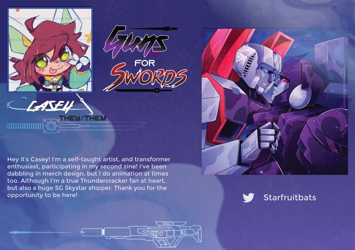 💥🔫Contrbutor Spotlight⚔️✨

Our first merch artist <a href="/Starfruitbat/">Josue Canul</a>, a self taught artist and transformers enthusiast participating in their second zine! Theyve been dabbling in merch design, but does animation at times too. They are also a true Thundercracker fan at heart! #mtmte