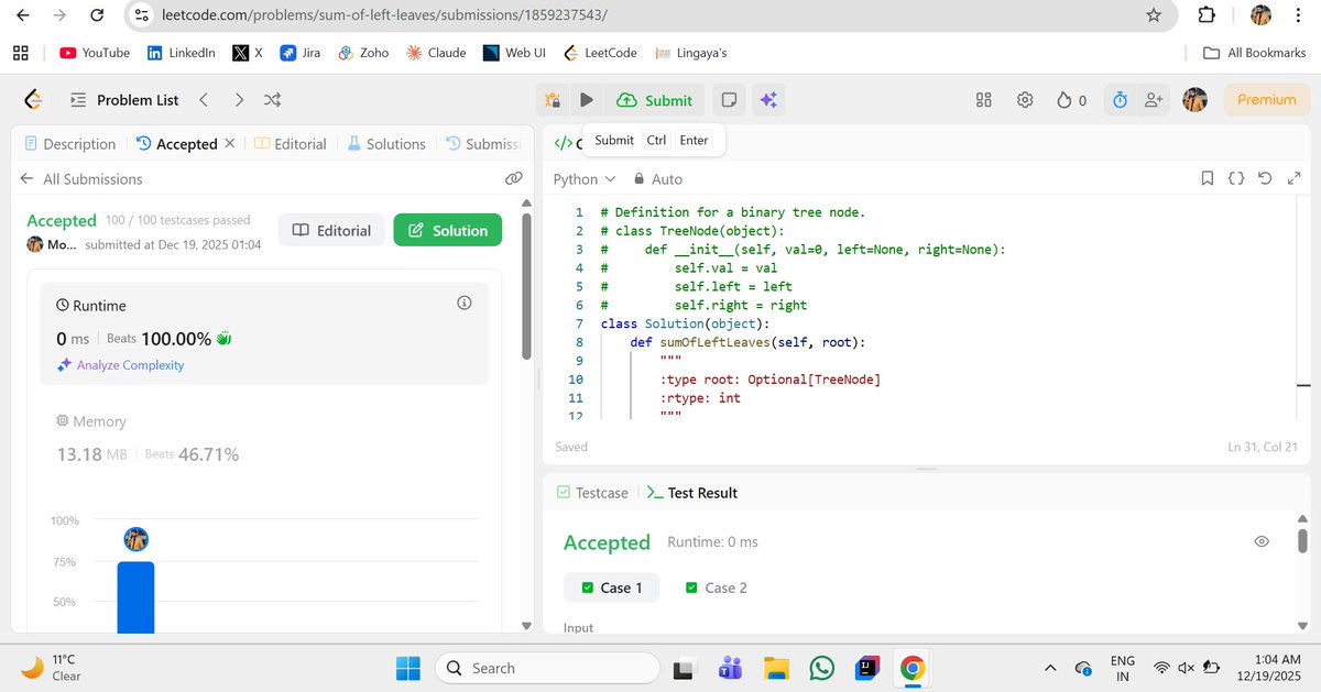 MohdHaider9603's tweet image. Day 76/100 – #100DaysOfCode 🚀

Solved Sum of Left Leaves

✔ DFS traversal
✔ If node.left is a leaf → add to sum
✔ Traverse entire tree once
TC: O(N)
#Java #LeetCode #BinaryTree #DFS