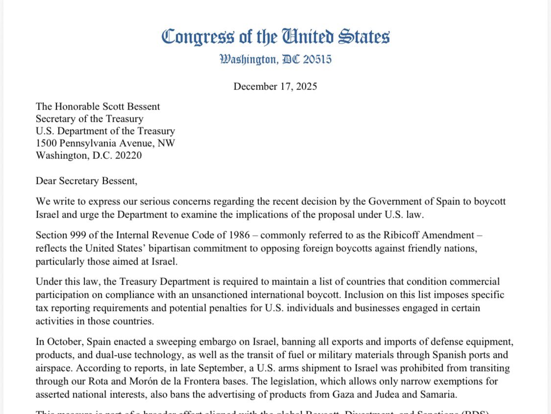 🚨Esta carta enviada por el Capitolio hoy aquí a la Casa Blanca pide incluir a España en una lista negra comercial por promover el boicot a Israel. Todo en ABC! abc.es/espana/eeuu-es…