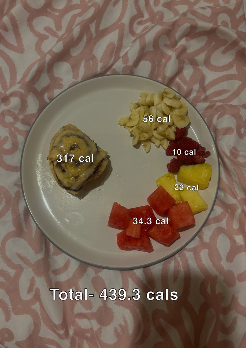 KcalsLess's tweet image. OMAD snack plate - 439.3 cals 
10,100 steps, 4.7 miles, 500 active cals burned 

I’ve been craving a cinnamon roll for so long