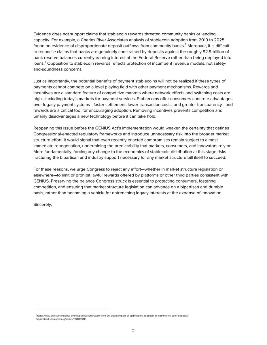 BlockchainAssn's tweet image. 1/ Today, we led a broad coalition of more than 125 industry leaders in a letter to Congress urging lawmakers to preserve the rights enumerated in the GENIUS Act that ensure the United States remains the most competitive and innovative capital market in the world.

🧵👇