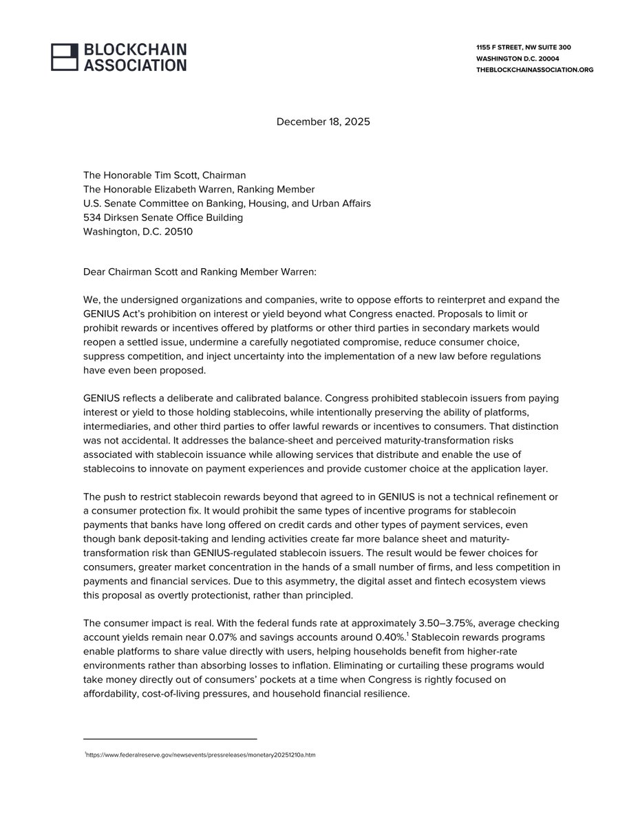 BlockchainAssn's tweet image. 1/ Today, we led a broad coalition of more than 125 industry leaders in a letter to Congress urging lawmakers to preserve the rights enumerated in the GENIUS Act that ensure the United States remains the most competitive and innovative capital market in the world.

🧵👇