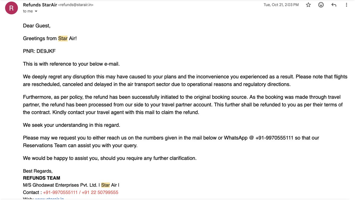 IMohitPrajapati's tweet photo. Hello @OfficialStarAir @makemytrip and @amazonIN @amazonpay 

Sharing this publicly after waiting nearly three months for a refund to be resolved through regular support channels, without any meaningful progress.

On 2 Sep 2025, I booked a Jharsuguda–Bangalore flight for 4 Oct 2025 via @amazonpay amounting to INR 26,611. The booking was facilitated by @makemytrip and operated by @OfficialStarAir 

The flight was cancelled by Star Air on 24 Sep 2025 due to operational reasons. I subsequently booked an alternate flight and raised a refund request as per the stated process.

It has now been almost three months since the cancellation, and over two and a half months since the refund request, yet the refund remains unresolved.

Here is where the issue stands:

After repeatedly chasing @OfficialStarAir for multiple times, I received a templated and unfriendly response that the refund has been initiated by them and now I must contact my booking partner.

Following up with @AmazonHelp yielded a response that they are not privy to any such information and that I must connect with MakeMyTrip since they have facilitated this booking.

After reaching out to @makemytripcare I was told that they are not able to trace any refund made, and that I must reach out to Star Air and verify if the transaction was even made.

Frustrated by the apathy of all customer care services of all the parties involved I reached out to Appellate Authority of Star Air and received the attached response that the refund is already processed and I must connect with the booking agent.

Now my question to @amazonIN @amazonpay is
If the booking was made on your platform and payment was collected by you, why is the burden of coordination placed entirely on the customer? Why should the customer be asked to reach out to MakeMyTrip and get the refund issue resolved? 

If customers are expected to chase intermediaries themselves, it defeats the very purpose of booking via a platform and paying a convenience fee.

Also, this is not one off case with @OfficialStarAir and @makemytrip, I have seen multiple cases where people have raised issue that @makemytrip and @OfficialStarAir are not aligned when it comes to seamlessly process the refunds after cancellation of the flights.

When payment is collected upfront for a service that was never delivered, holding on to customer funds without resolution is unacceptable.

I am requesting a clear, time-bound resolution and accountability from all parties involved.

And since I understand the templated reply for these service bots I am already noting down the required details below. Requesting the bots to note down the necessary details and escalate the matter to a human resource.

PNR No: DE9JKF
Flight No: S5-608
Journey Date: Oct. 04, 2025

I am sorry but if this issue doesn't gets resolved soon, I will be forced to take this up with @jagograhakjago

Also tagging the known persons from the involved parties. @simrantiwana @ShrenikGhodawat @Rajesh_Magow @DeepKalraMMT