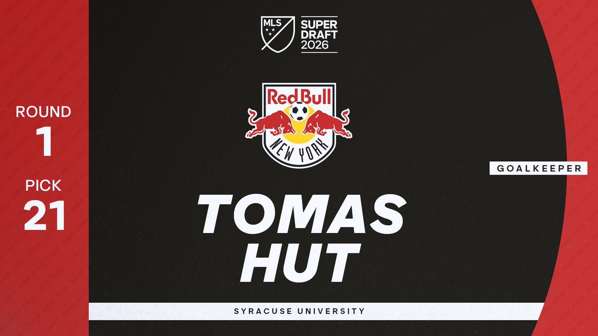 MLS's tweet photo. With the No. 21 pick in the 2025 MLS #SuperDraft, @NewYorkRedBulls select goalkeeper Tomas Hut out of @CuseMSOC. https://t.co/6ZZaErX1BL