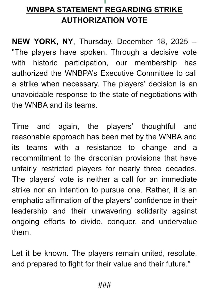 alexaphilippou's tweet image. BREAKING: The WNBPA executive committee has been authorized to call a strike “when necessary”