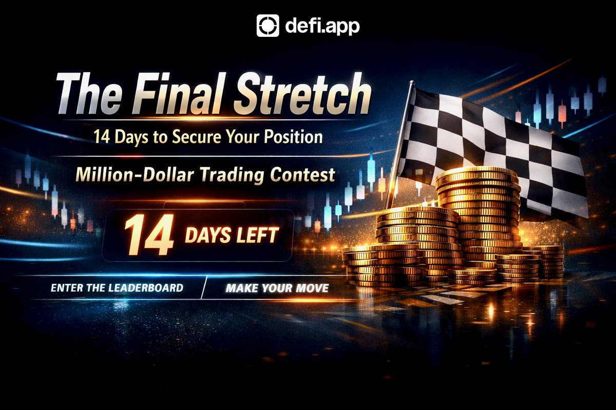 FalaTerranova's tweet photo. 🏁 The Final Stretch: 14 Days to Secure Your Position in the Million-Dollar Trading Contest 🌐

The @defiapp  Million Dollar Trading Contest is approaching its decisive moment.

With only 14 days remaining, the competition has shifted from early-stage chaos to a more stable, high-stakes phase where precision matters more than volume. 
The leaderboard today looks nothing like it did during the first week — and that shift is exactly where this final window becomes strategically important.

Over the past rounds, the contest moved more than $1B in volume, and several participants have already reached six-figure PNLs. Rewards remain on the table, but the way to capture them has changed.

➤ The Strategic Implication

As the contest enters its final countdown, a new competitive dynamic emerges:

🔹 The leaderboard has stabilized — and with stability comes complacency among early leaders.

🔹 The PNL gaps between mid-tier positions have narrowed, making upward movement more attainable than before.

🔹 New entries now have a statistically stronger chance of holding their position through settlement.

This is the moment where calculated actions outperform aggressive swings. With 500 paid spots, even a late-stage entry can secure a place if executed with discipline.

➤ The Last Opportunity to Act
When the contest ends, all positions lock — permanently.

That means the next move you take could define your final standing.

Check where you land.
Identify the PNL threshold that matters for your tier.
And make the trade that puts your name where it needs to be.

👉 Enter the leaderboard and execute your final move: https://t.co/PRgES3nYnV

Original article: https://t.co/U3QkJC7i6X

Post: https://t.co/DelM7SCYng

📌 Disclaimer
This content is purely educational and informational.
It does not constitute financial advice.
Yield and market conditions may vary.
Always conduct your own research (DYOR).
This content was produced in partnership with Defi App for educational purposes.