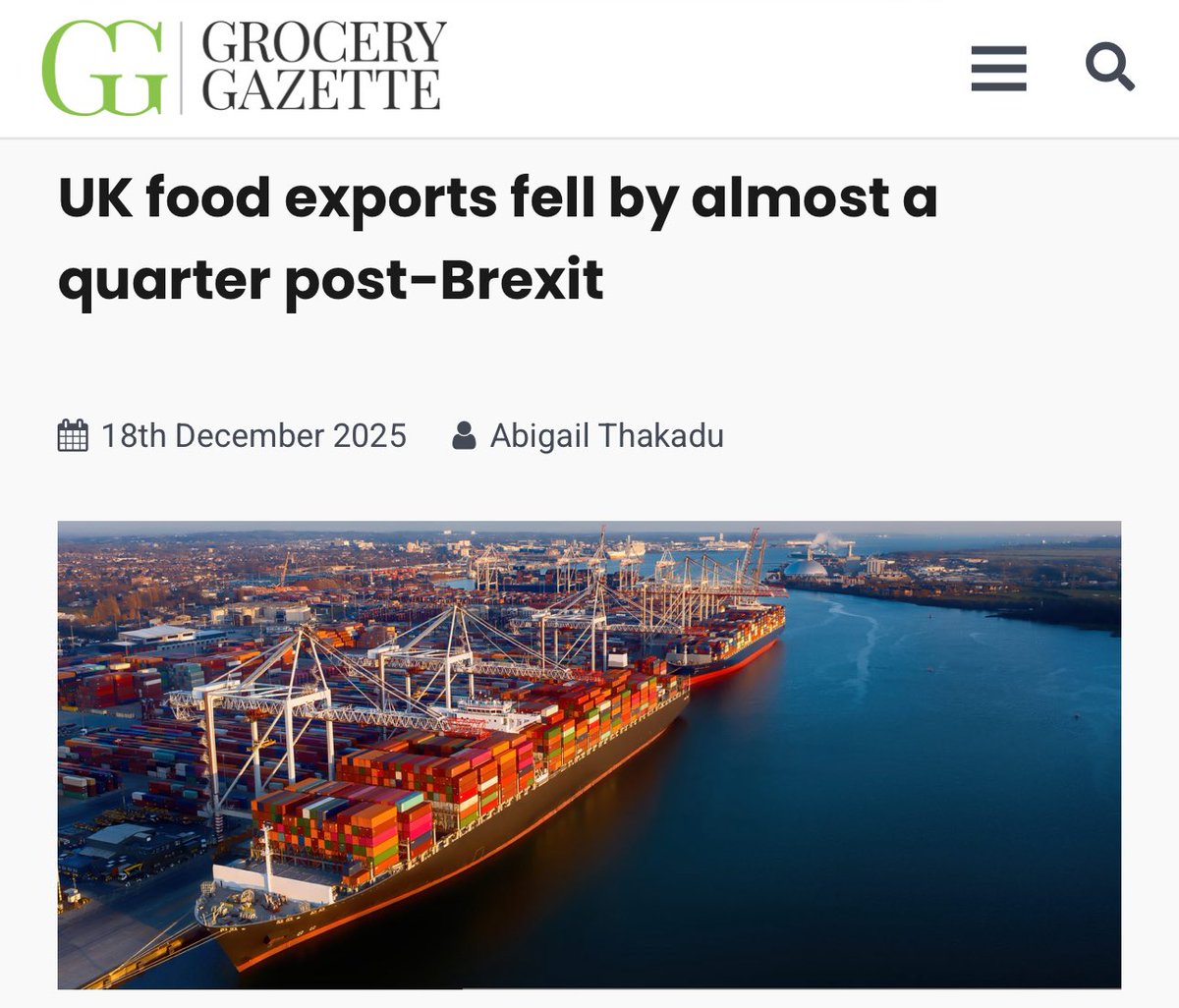 Thank Brexit 👏

🚨 UK food &amp; drink exports to the EU are down 23.4% compared with pre-Brexit

🚨 Export volumes fell from 6.7bn kg to 5.1bn kg

🚨 Exports to Germany, Poland &amp; Belgium have collapsed by 59%, 52% and 40%

This is what losing frictionless access to your biggest