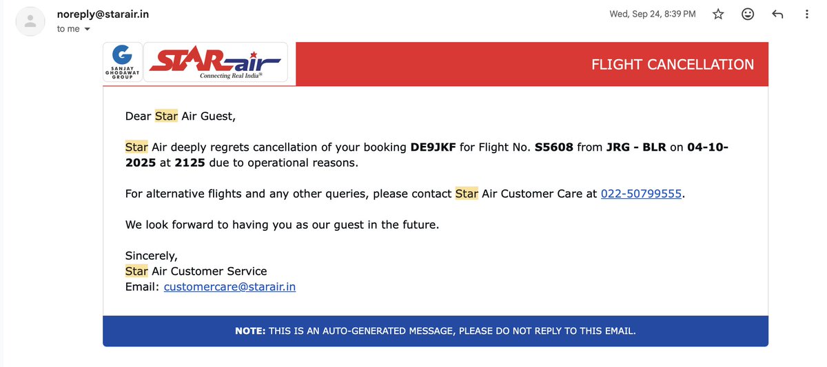 IMohitPrajapati's tweet photo. Hello @OfficialStarAir @makemytrip and @amazonIN @amazonpay 

Sharing this publicly after waiting nearly three months for a refund to be resolved through regular support channels, without any meaningful progress.

On 2 Sep 2025, I booked a Jharsuguda–Bangalore flight for 4 Oct 2025 via @amazonpay amounting to INR 26,611. The booking was facilitated by @makemytrip and operated by @OfficialStarAir 

The flight was cancelled by Star Air on 24 Sep 2025 due to operational reasons. I subsequently booked an alternate flight and raised a refund request as per the stated process.

It has now been almost three months since the cancellation, and over two and a half months since the refund request, yet the refund remains unresolved.

Here is where the issue stands:

After repeatedly chasing @OfficialStarAir for multiple times, I received a templated and unfriendly response that the refund has been initiated by them and now I must contact my booking partner.

Following up with @AmazonHelp yielded a response that they are not privy to any such information and that I must connect with MakeMyTrip since they have facilitated this booking.

After reaching out to @makemytripcare I was told that they are not able to trace any refund made, and that I must reach out to Star Air and verify if the transaction was even made.

Frustrated by the apathy of all customer care services of all the parties involved I reached out to Appellate Authority of Star Air and received the attached response that the refund is already processed and I must connect with the booking agent.

Now my question to @amazonIN @amazonpay is
If the booking was made on your platform and payment was collected by you, why is the burden of coordination placed entirely on the customer? Why should the customer be asked to reach out to MakeMyTrip and get the refund issue resolved? 

If customers are expected to chase intermediaries themselves, it defeats the very purpose of booking via a platform and paying a convenience fee.

Also, this is not one off case with @OfficialStarAir and @makemytrip, I have seen multiple cases where people have raised issue that @makemytrip and @OfficialStarAir are not aligned when it comes to seamlessly process the refunds after cancellation of the flights.

When payment is collected upfront for a service that was never delivered, holding on to customer funds without resolution is unacceptable.

I am requesting a clear, time-bound resolution and accountability from all parties involved.

And since I understand the templated reply for these service bots I am already noting down the required details below. Requesting the bots to note down the necessary details and escalate the matter to a human resource.

PNR No: DE9JKF
Flight No: S5-608
Journey Date: Oct. 04, 2025

I am sorry but if this issue doesn't gets resolved soon, I will be forced to take this up with @jagograhakjago

Also tagging the known persons from the involved parties. @simrantiwana @ShrenikGhodawat @Rajesh_Magow @DeepKalraMMT