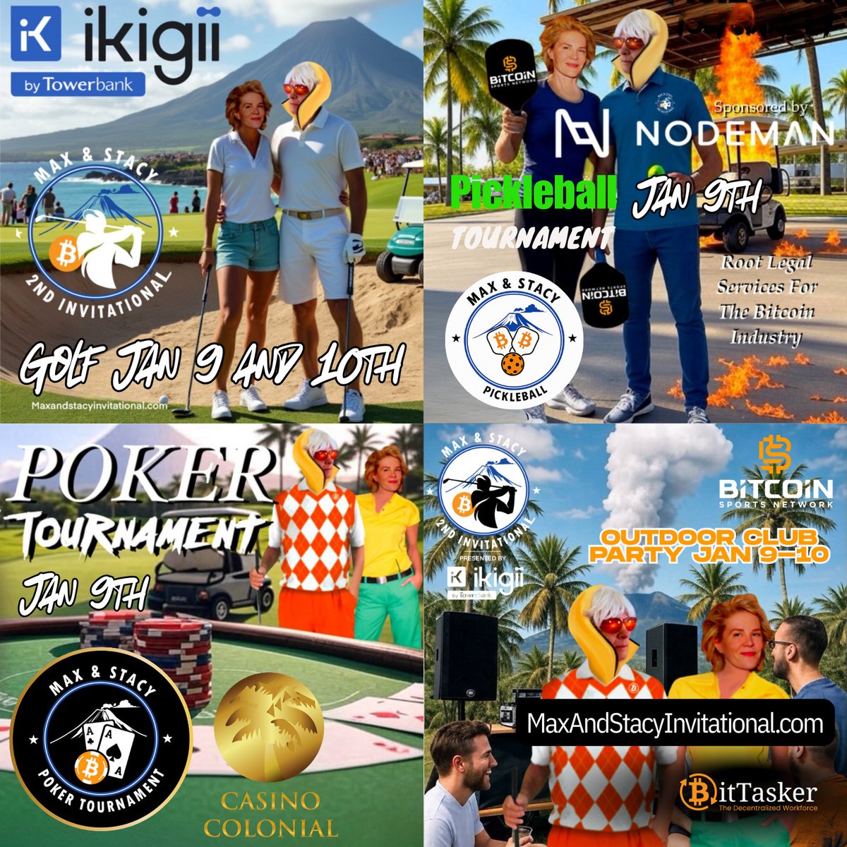 MaxAndStacyGolf's tweet image. The @maxkeiser and @stacyherbert Invitational Jan 8-10 2026 is presented by @ikigiiLatamGolf includes Golf, Pickleball @nodemanbtc  &amp;amp; Poker @ColonialCasino - Join us &amp;amp; experience history in the making!  

🎟️Tickets: bitcoingolfinvitational.com/pages/tickets