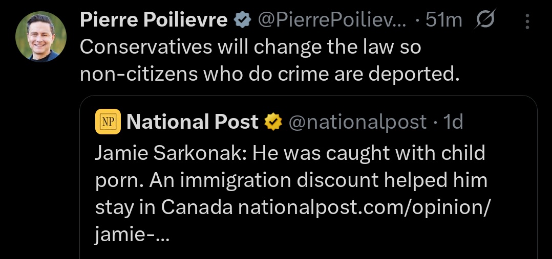 JinglaiHe's tweet image. Pierre Poilievre in the past 12 hours: Non-citizens who commit crimes need to be DEPORTED, and biological males don't belong in women's sports.

Do you agree?