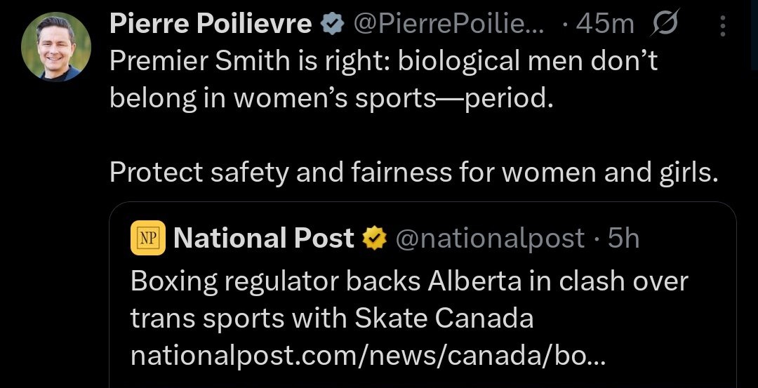 JinglaiHe's tweet image. Pierre Poilievre in the past 12 hours: Non-citizens who commit crimes need to be DEPORTED, and biological males don't belong in women's sports.

Do you agree?