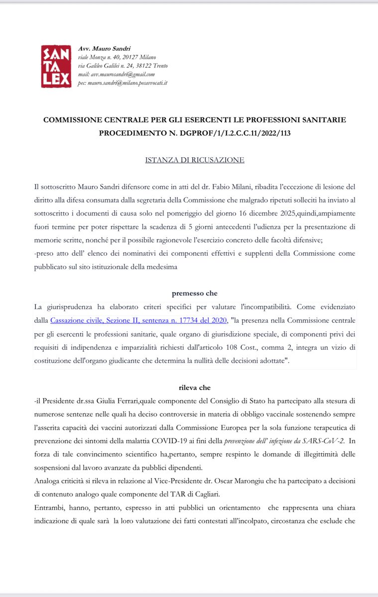 barbarab1974's tweet photo. Istanza  di ricusazione per i componenti della CCEPS. Aggiungo io che, se avessero avuto un minimo di competenze e di cultura giuridica, non si sarebbe nemmeno  dato vita a un siffatto collegio. https://t.co/8F7DNk3mp2