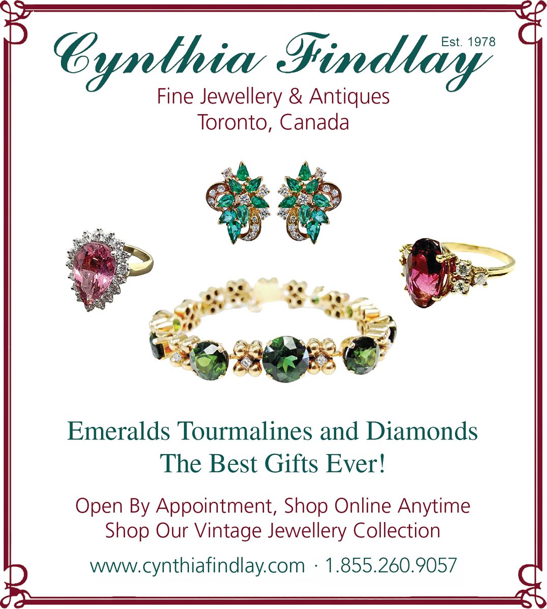 Red and Green gems for Christmas, how perfect. 🎁 🎁 🎁 Well, dark reddish-pink tourmalines, green tourmalines and emeralds with diamonds throughout! cynthiafindlay.com #vintagegift #antiques #jewellery #santa