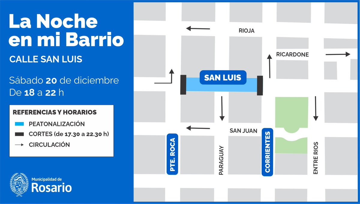 LA NOCHE EN MI BARRIO - Calle San Luis
Este sábado 20 de diciembre, de 18 a 22 h, San Luis se transforma en un espacio para disfrutar, caminar y encontrarnos.
🚶‍♀️ Peatonalización
🚧 Cortes desde 17.30 h
↔️ Desvíos de circulación señalizados

#ControlyConvivencia