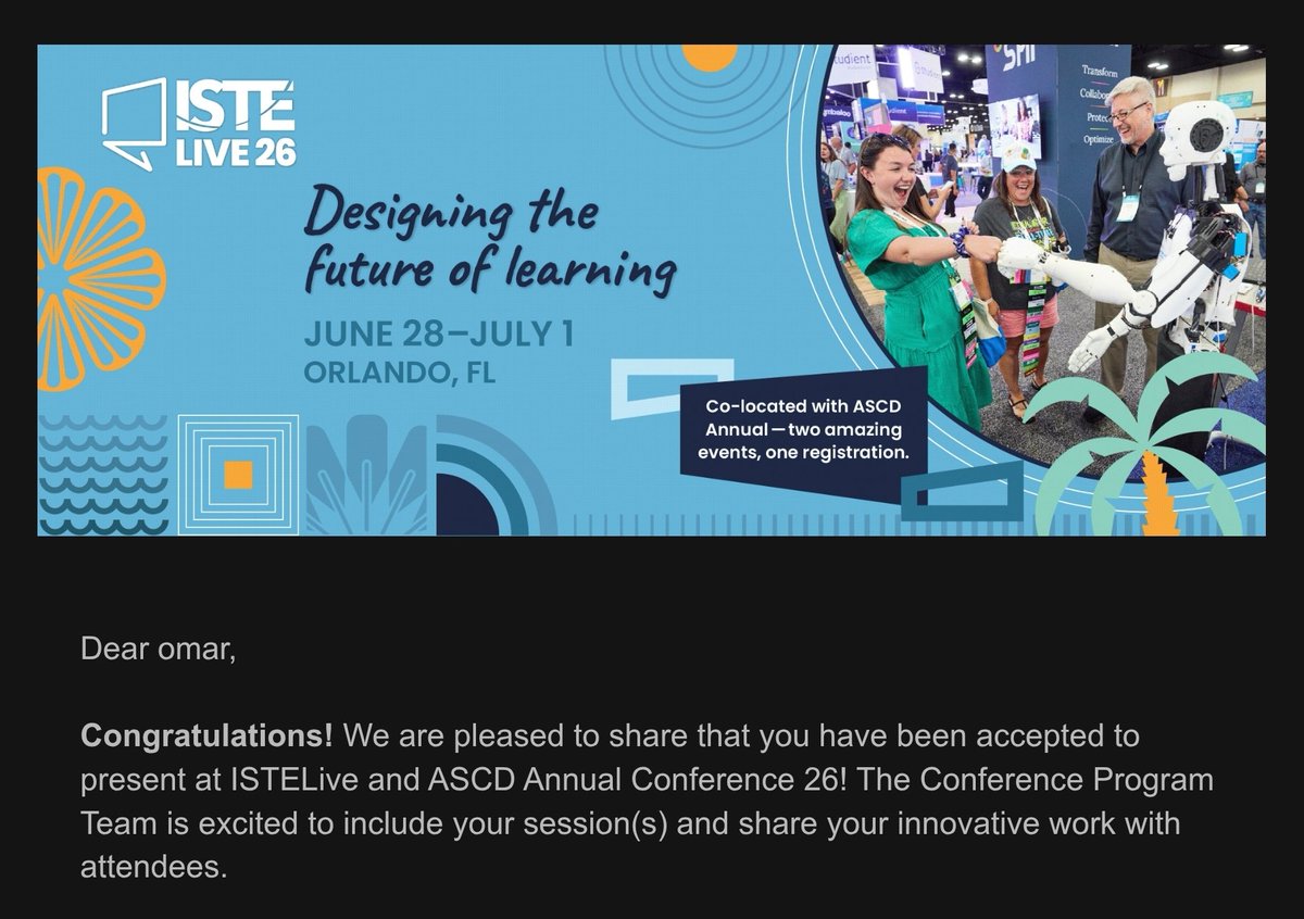 MrCortezRobotic's tweet image. Looks like I'll be visiting Orlando twice, this year! Excited to share @Mrs_Cortez12 , @baconedtech , and I will be presenting at ISTE this summer! 

Professional Voices, Competitive Skies: Empowering Students Through Drone Alliances