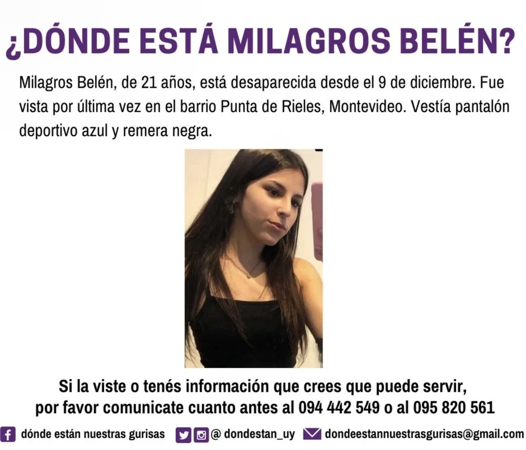 🔴 ¿Dónde está Milagros Belén? 21 años, desaparecida desde el 9 de diciembre. Vista por última vez en Punta de Rieles.