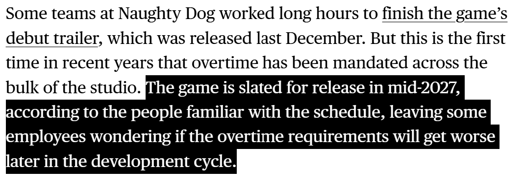xMBGx's tweet photo. Bloomberg published a new report on Naughty Dog and Intergalactic The Heretic Prophet. 

- Naughty Dog staff were ordered mandatory overtime to complete a demo for Intergalactic from October until now. 

- The demo was requested for review by Sony management.

- The overtime was put into place due to missing several deadlines. 

- Intergalactic is targeting a release of mid 2027 internally and some staff are worried crunch may get a lot worse as they get closer if it's this bad now. 

https://t.co/9WJANDUx9t