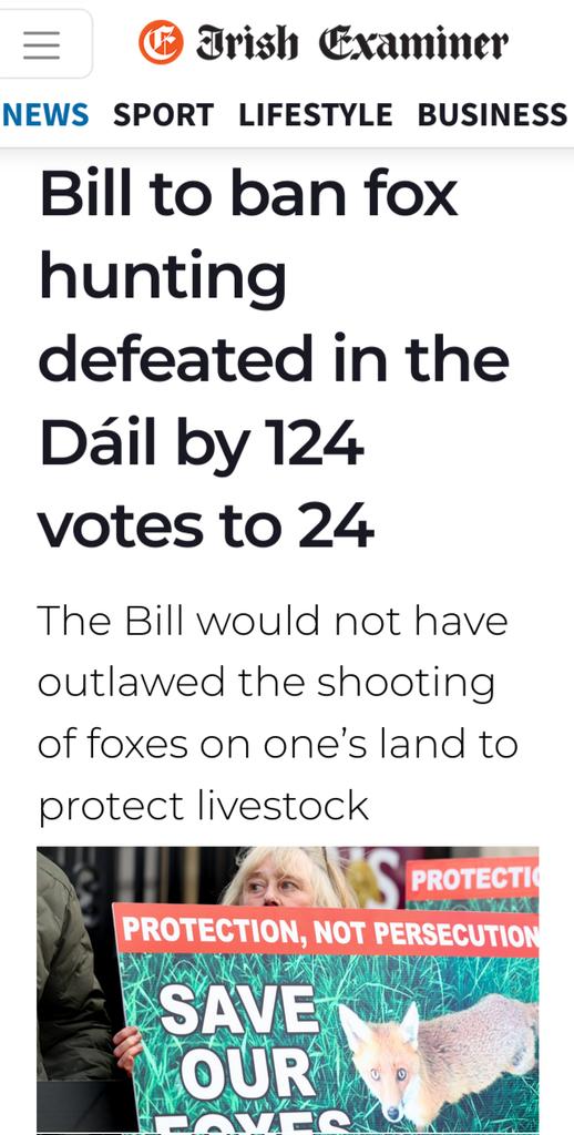 Bill to ban fox hunting defeated in the Dáil by 124 votes to 24 • "The Bill would not have outlawed the shooting of foxes on one’s land to protect livestock" irishexaminer.com/news/politics/… #BanFoxHunting