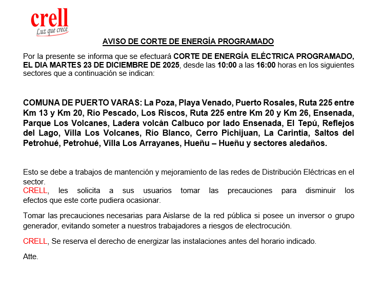 Corte programado para el día martes 23/12/2025, en la comuna de Puerto Varas.