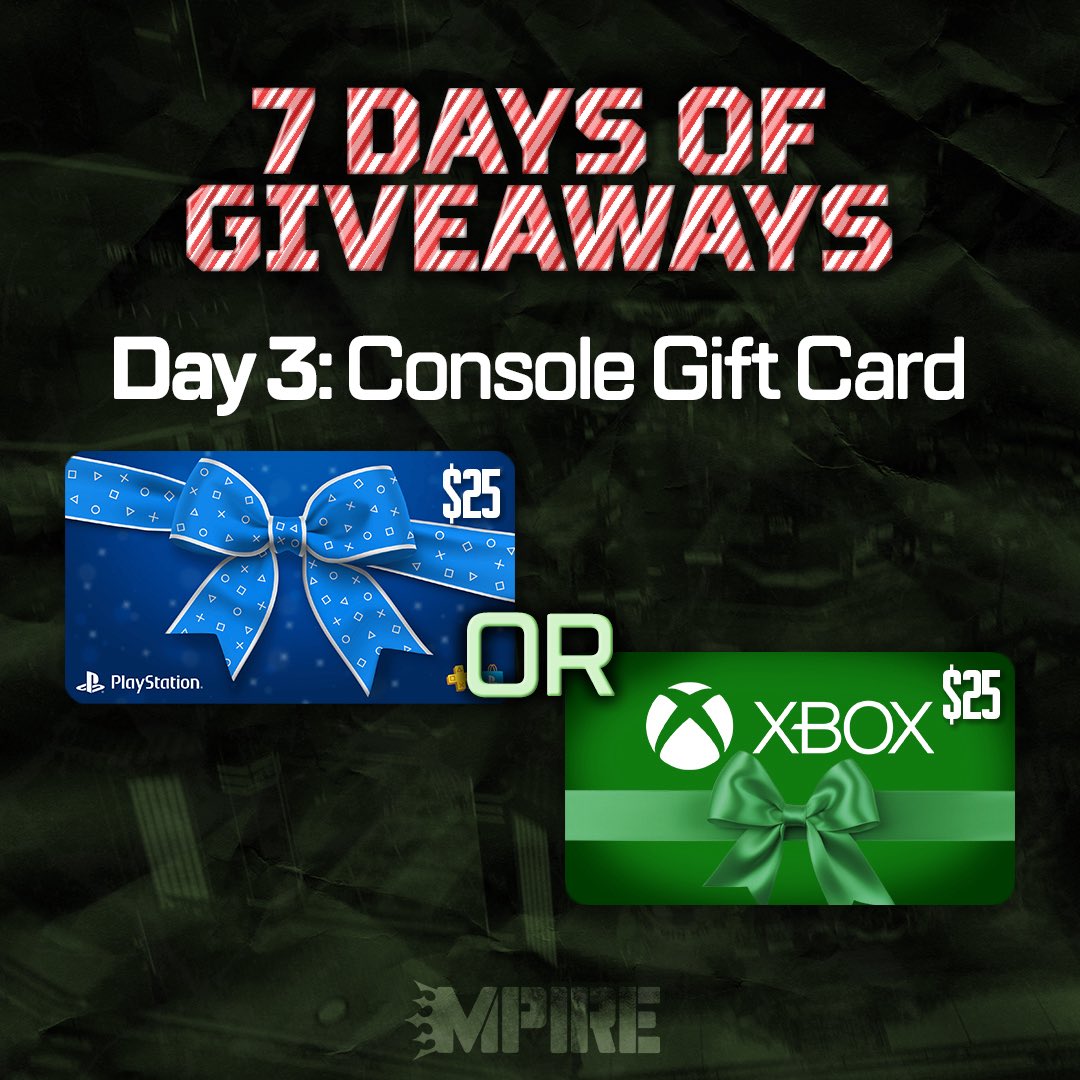gaming_mpire's tweet image. For DAY 3 of our 7-Day Holiday Giveaways,

we’re giving away a $25 Console Gift Card 🎮💳
(PlayStation/Xbox - winner chooses!)

How to enter:
✅ Follow @gaming_mpire
💛 Like &amp;amp; Repost this tweet
👥 Tag 2 friends

Winner announced December 21st 🗓️

#MPIRErising