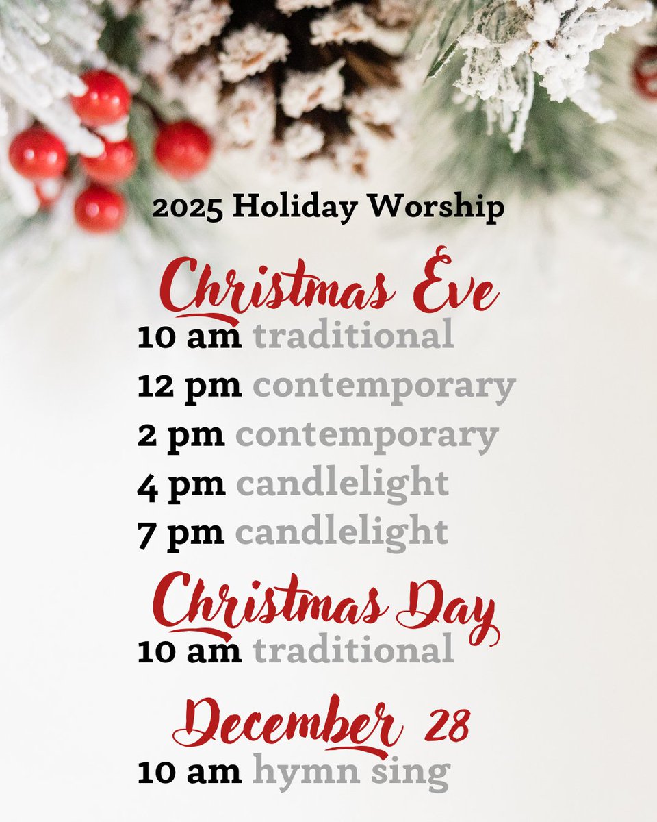 GraceMenFalls's tweet photo. Christmas at Grace!

Christmas Eve | Dec 24
• 10am – Livestreamed Traditional + Communion
• 12pm – Livestreamed Contemporary
• 2pm – Contemporary
• 4pm – Candlelight
• 7pm – Candlelight + String Quartet

Christmas Day | Dec 25
• 10am – Livestreamed Traditional + Communion https://t.co/h1SiAdIMgT