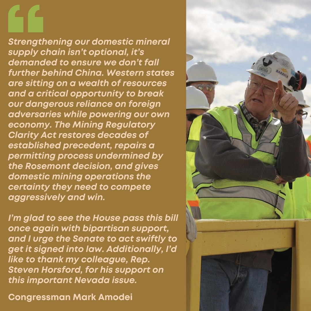 MarkAmodeiNV2's tweet photo. Happy to see the Mining Regulatory Clarity Act advance on the House floor today with strong bipartisan support. This legislation strengthens our national security and secures our energy future by unleashing domestic mining production.

My full statement: https://t.co/2bKNuTLgxi