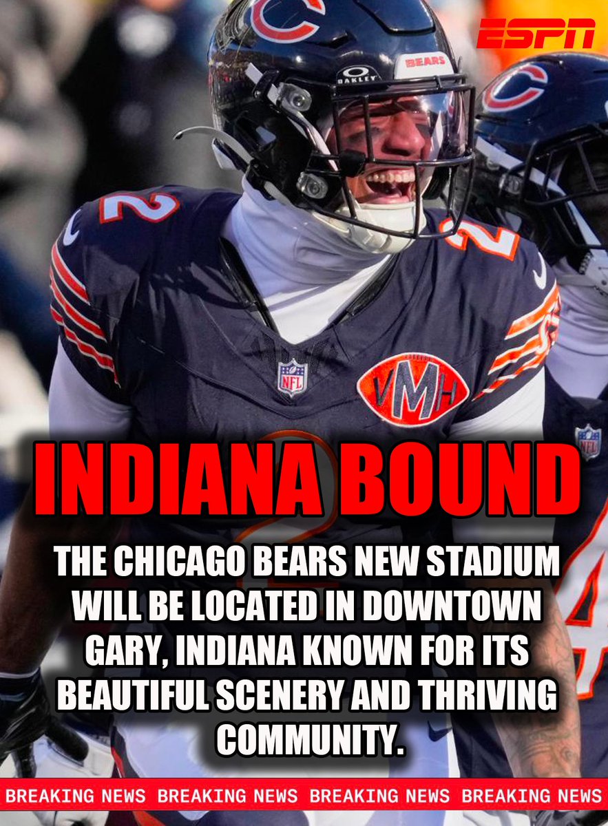 PatrickWCutler's tweet photo. BREAKING:  Chicago Bears new stadium will be built in downtown Gary, Indiana which boasts a booming economy and thriving community.  "We love everything about Gary, from the beautiful downtown to the lovely people there, a huge win for everyone involved," stated team Owner Marty Schottenheimer...