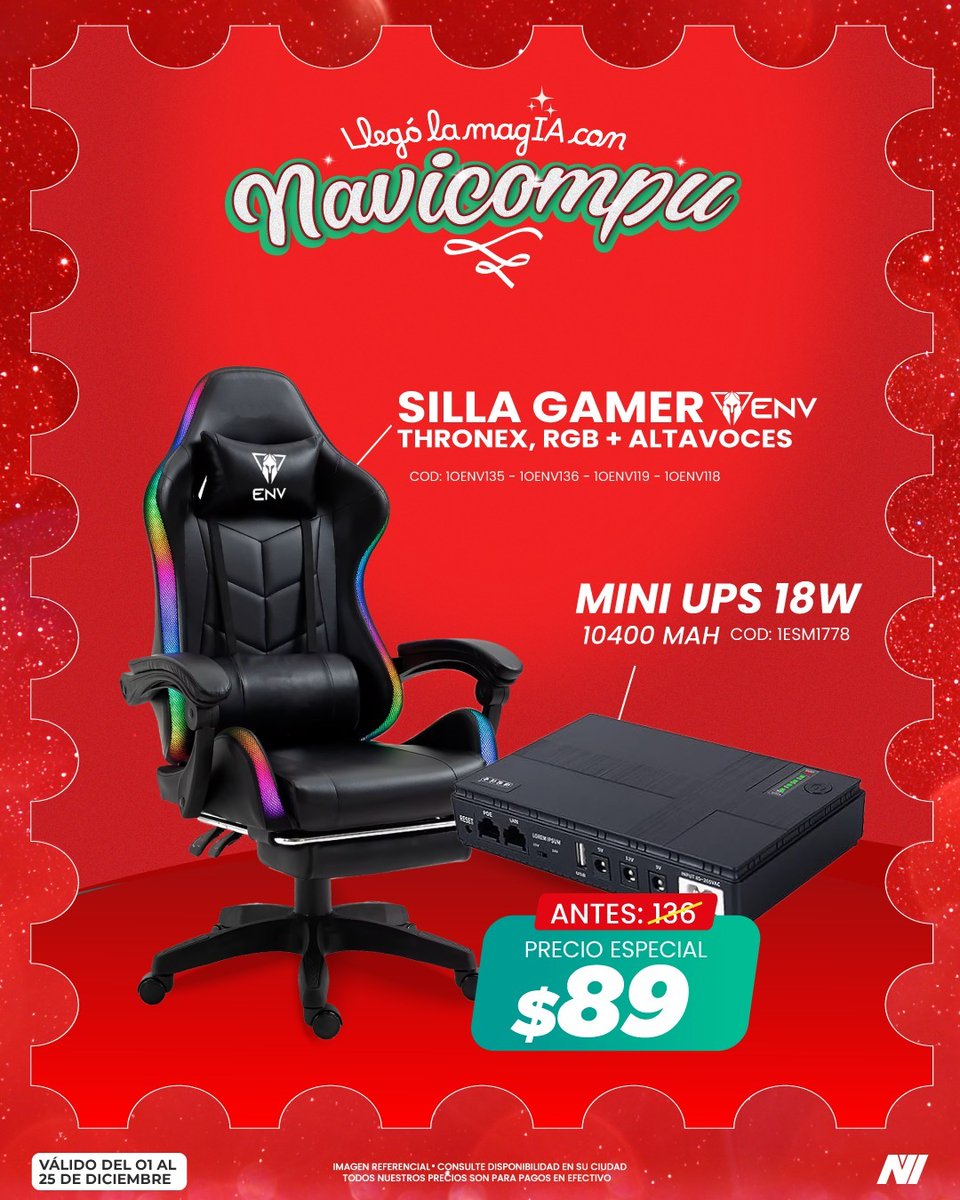 novicompu's tweet image. 🎄✨ Novinauta: comodidad y seguridad, la combinación perfecta!
Elige tu silla gamer favorita en combo con Mini UPS para un SetUp legendario. 💺⚡🎶
Visita Novicompu antes de que se terminen. 🚀🔥

#Novinauta #Novicompu #SetUpLegendario #Tecnología #Combos #MagIA