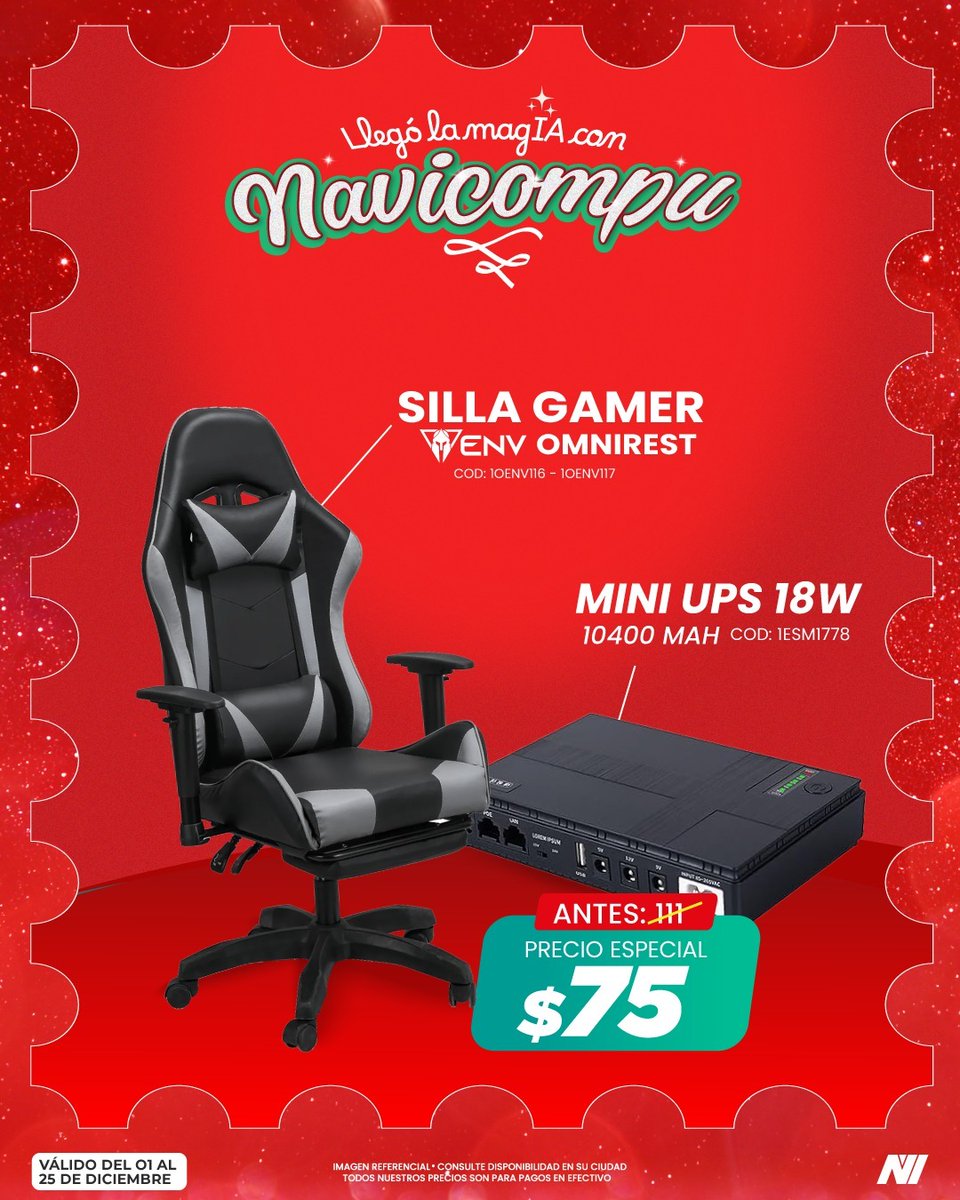novicompu's tweet image. 🎄✨ Novinauta: comodidad y seguridad, la combinación perfecta!
Elige tu silla gamer favorita en combo con Mini UPS para un SetUp legendario. 💺⚡🎶
Visita Novicompu antes de que se terminen. 🚀🔥

#Novinauta #Novicompu #SetUpLegendario #Tecnología #Combos #MagIA