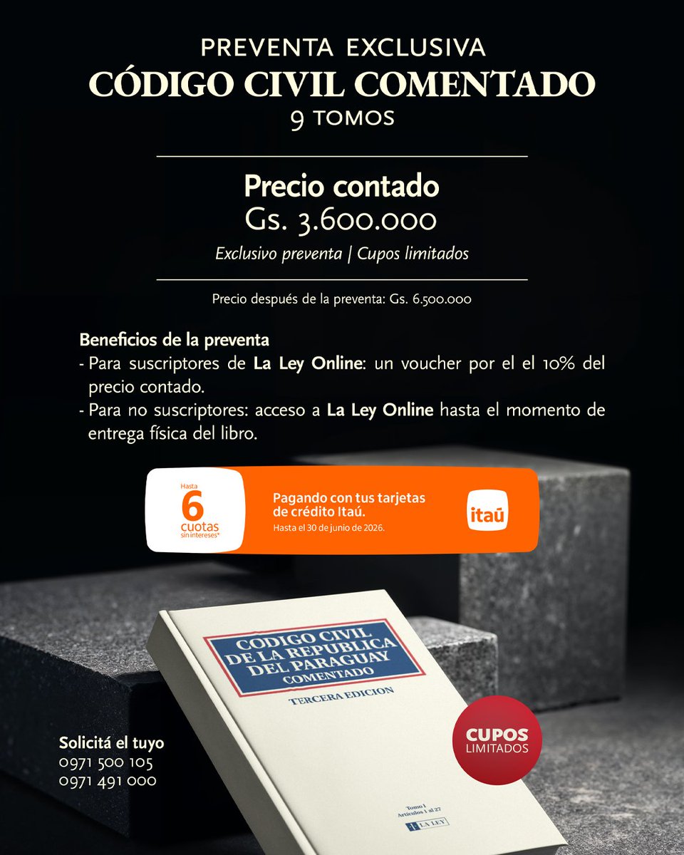 Cuando una obra vuelve a circular, también se abre una oportunidad.

El Código Civil comentado ofrece, durante la preventa, una condición especial al contado para sumar a tu biblioteca una obra de referencia largamente requerida.

📚 Preventa exclusiva · Cupos limitados
📲