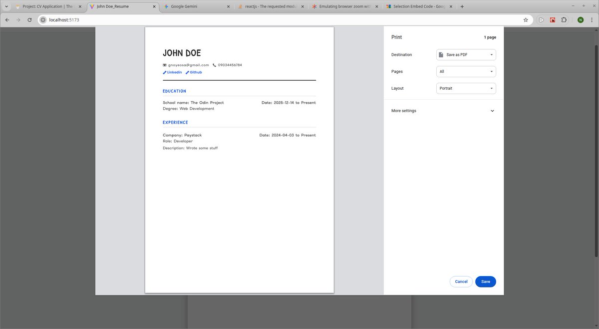 NoyeosaO's tweet image. Day 16 of #100DaysOfCode🚀

Spent the day working on the CV App project. Implemented adding multiple education and experiences to the form and also generating a pdf from the user info which the user can download. I used react-to-print library to do this.

#TheOdinProject #ReactJS