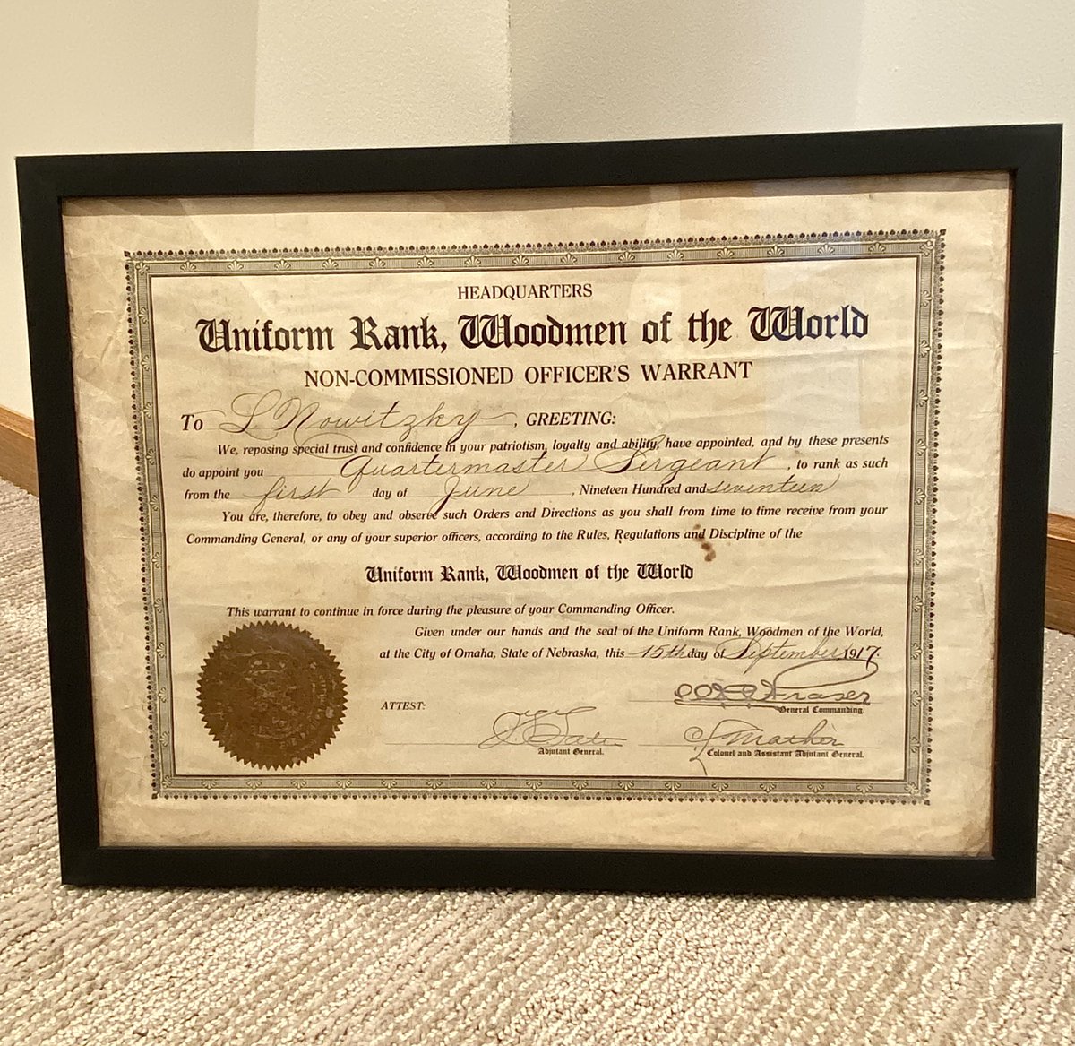 I love collecting. I love Omaha.
This year while working briefly at the <a href="/WoodmenLife/">WoodmenLife</a> of the World Tower, I came across this local treasure—a 1917 Woodmen of the World Non-Commissioned Officer’s Warrant. Now proudly hanging on my Omaha wall. Happy #ThrowbackThursday
#OmahaHistory