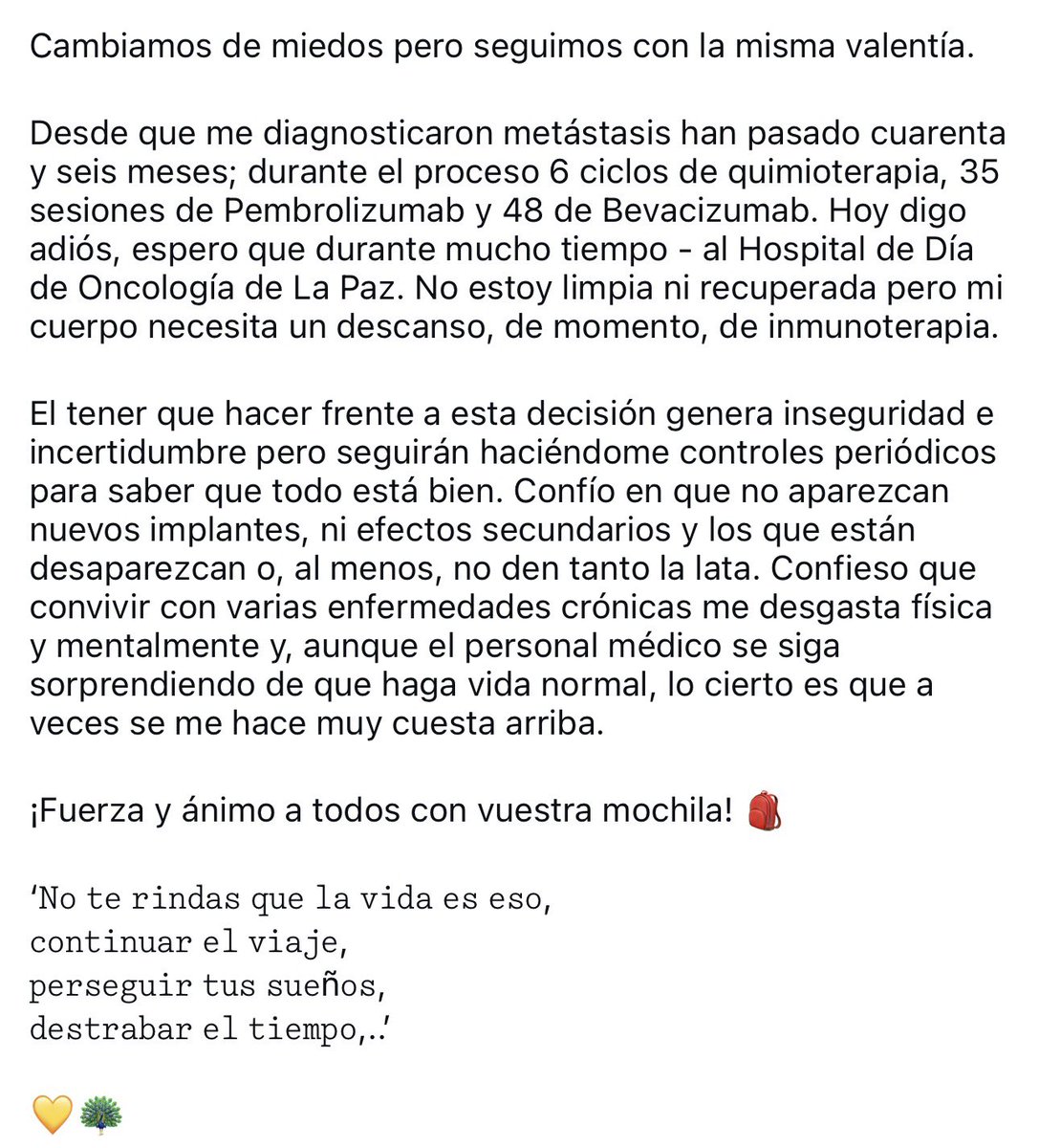 18-12-25 ⏳ Cambiamos de miedos pero seguimos con la misma valentía.  Después de cuarenta y seis meses de tratamientos ininterrumpidos toca, con miedo e incertidumbre, descansar aunque no esté ni limpia ni recuperada. Mi cuerpo lo necesita.