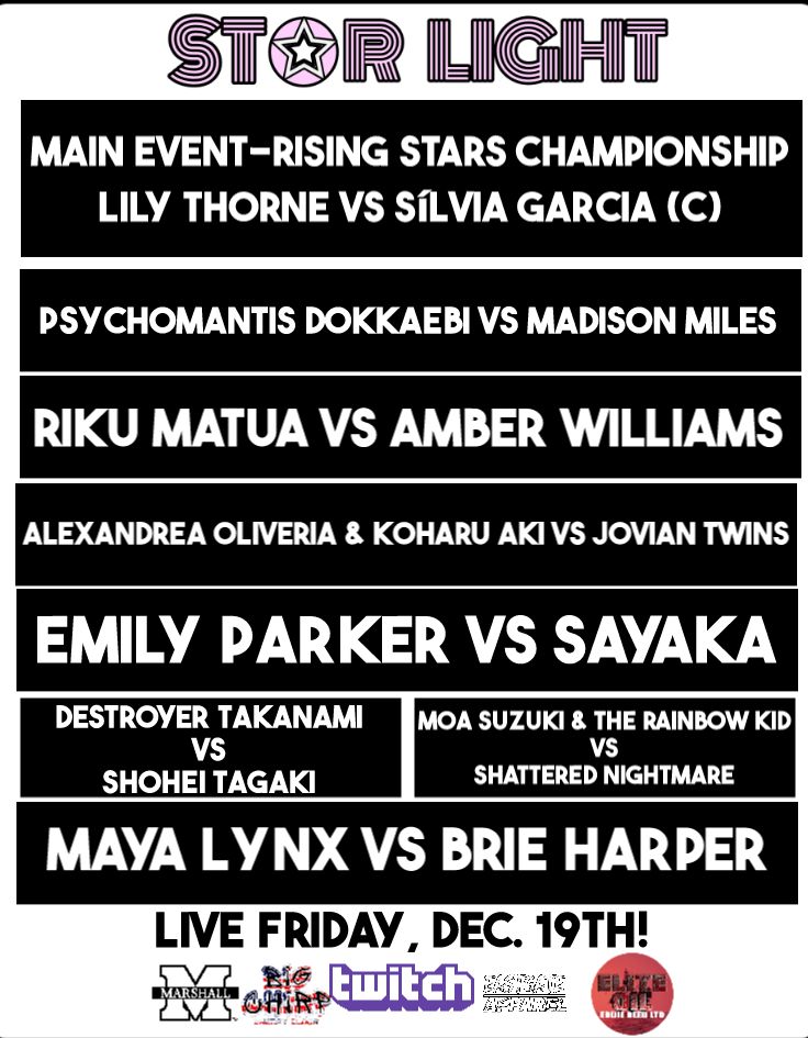 Starlight_Joshi's tweet image. Tonight, the last main Starlight show of 2025 comes to you as we see the debuts of Psychomantis Dokkaebi as well as Shohei Tagaki. We'll be seeing the return of Emily Parker AND Silvia Garcia looks to make defense #1 of the Rising Stars Championship against Moon Coven's leader