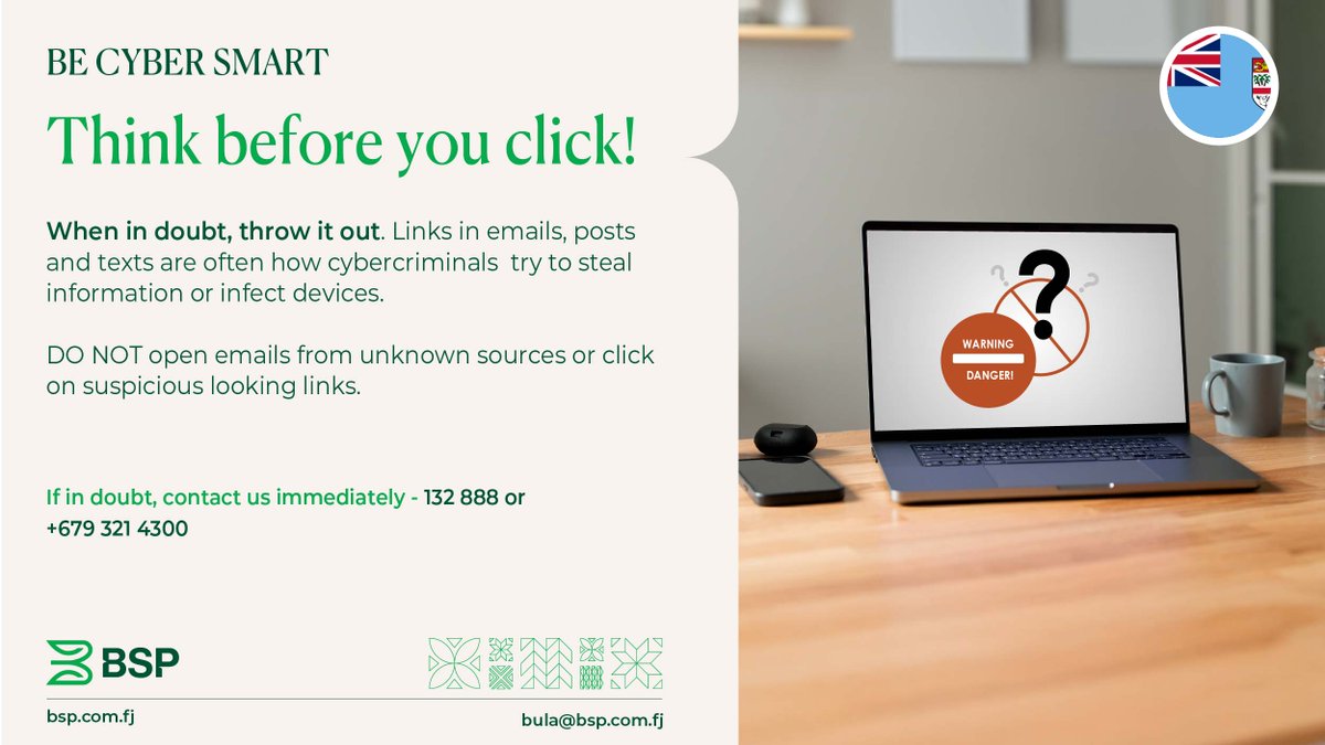 BSP Fiji | 🔐 Stay Safe with BSP
Only trust information shared through BSP’s verified communication channels such as posts on BSP’s official website, social media page and direct contact from BSP staff or the Customer Service Centre. More details on Phishing Scam and Fake
