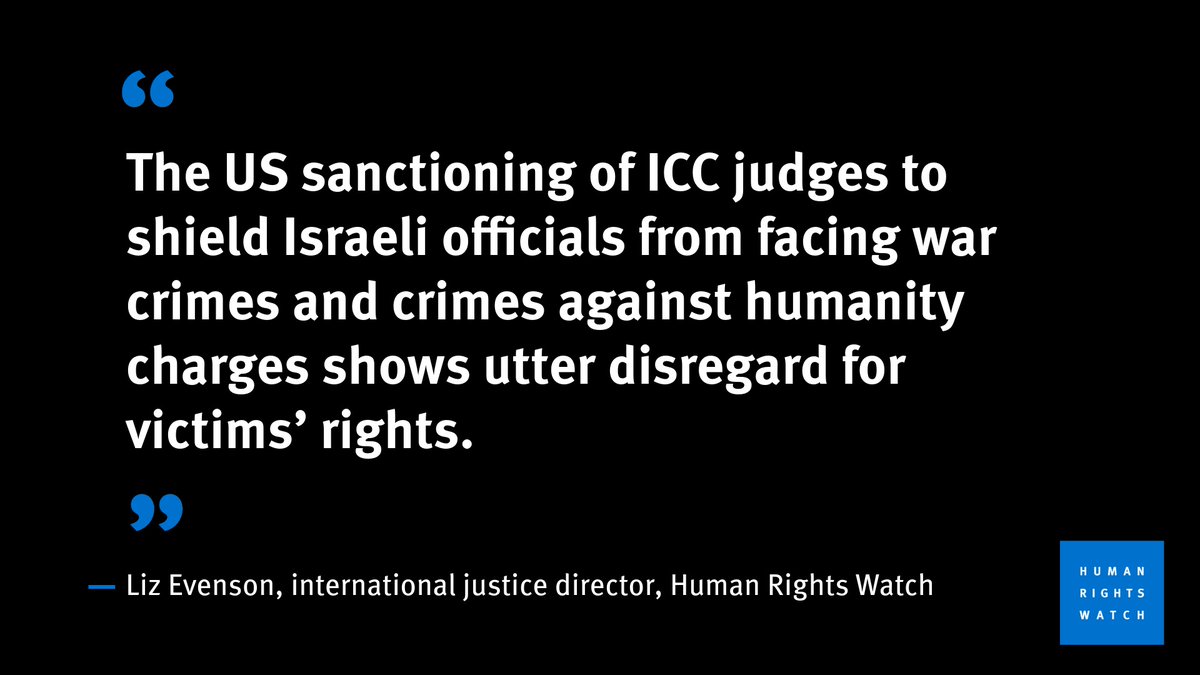 hrw's tweet image. The US government has imposed sanctions on two additional ICC judges in order to shield Israeli officials from charges of grave international crimes.

These sanctions are the latest attempt by the Trump administration to blatantly interfere with independent justice.