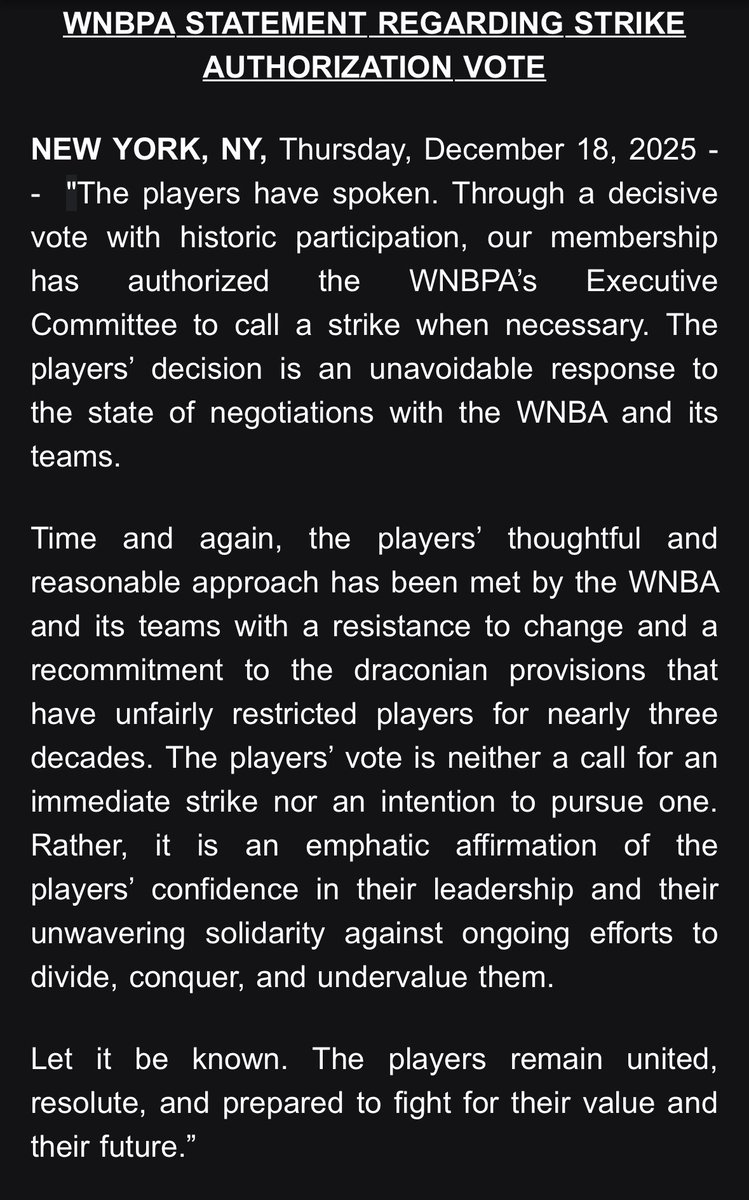 WNBPA issues statement explaining the executive committee has been authorized via vote to call a strike “when necessary.”