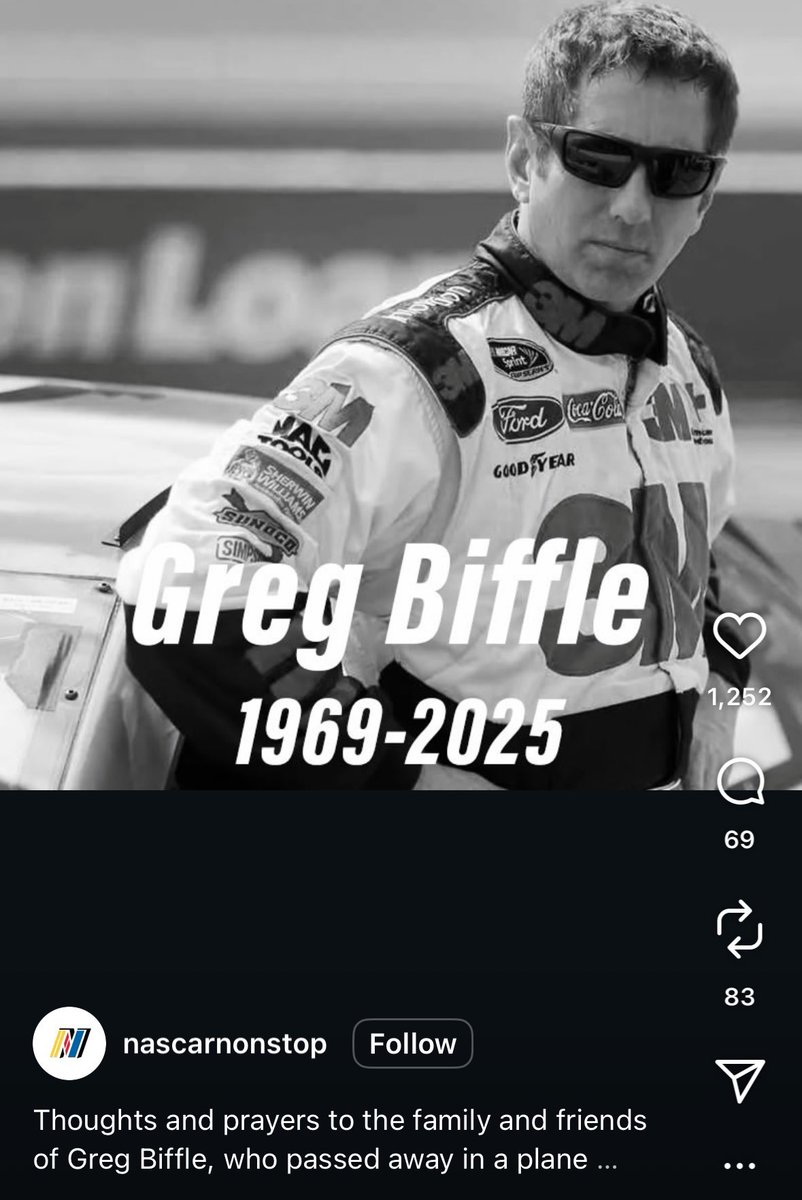 Greg Biffle and his family passed away in a plane crash this morning. My prayers and condolences are with their family, friends, and all his fans. May the rest in peace.