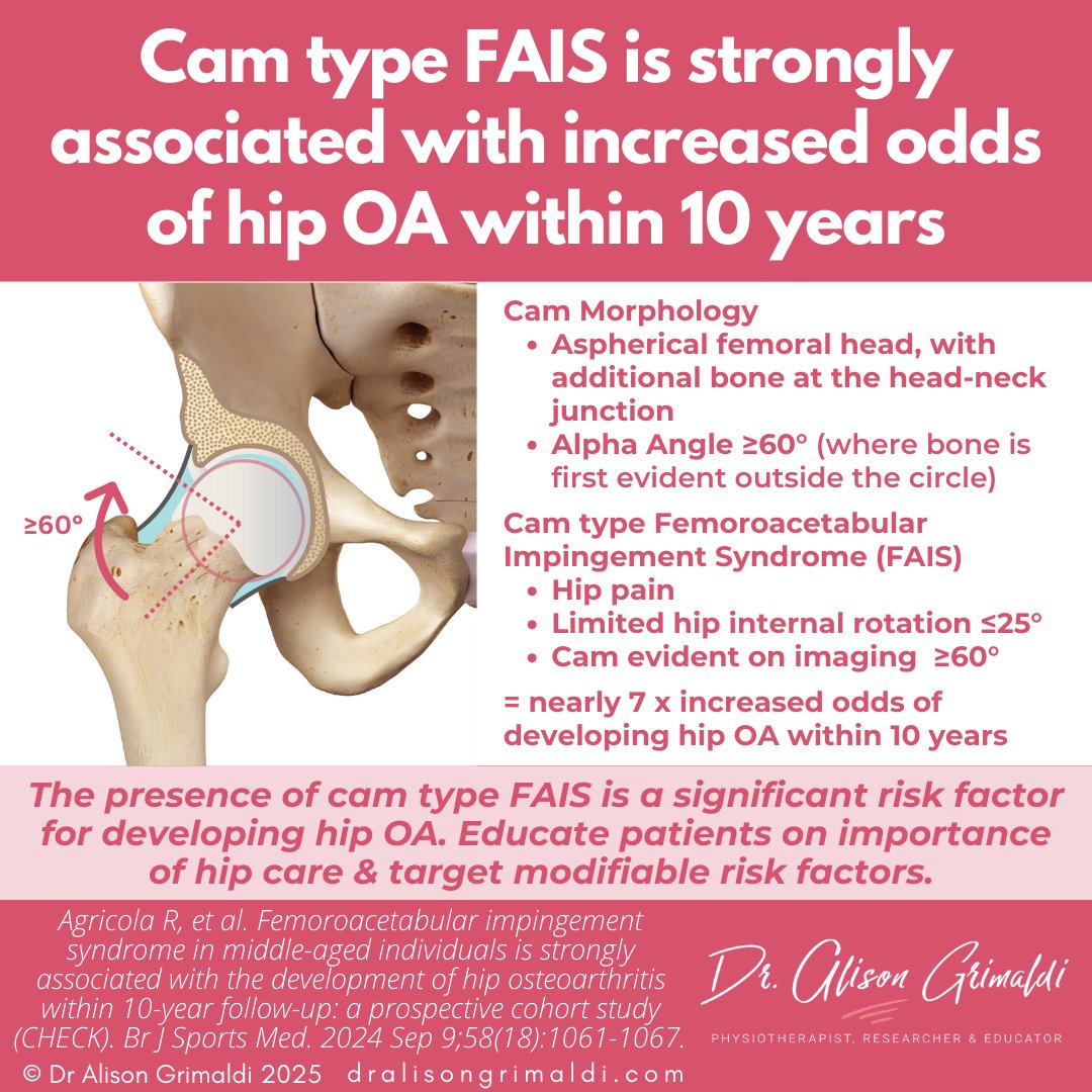 alisongrimaldi's tweet image. #FactFriday Cam type FAIS is strongly associated with increased odds of hip OA within 10 years, in middle aged adults. Hip pain + limited IR + cam morphology = nearly 7 x greater risk. Educate pts on hip care &amp;amp; target modifiable risk factors. #FAI #CamFAIS #hipOA